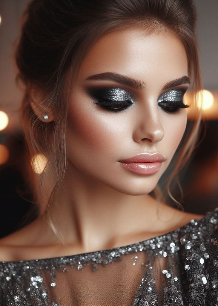 Dress to impress! Elevate your evening look with a charcoal grey smokey eye and silver glitter. This glamorous combination is guaranteed to turn heads.