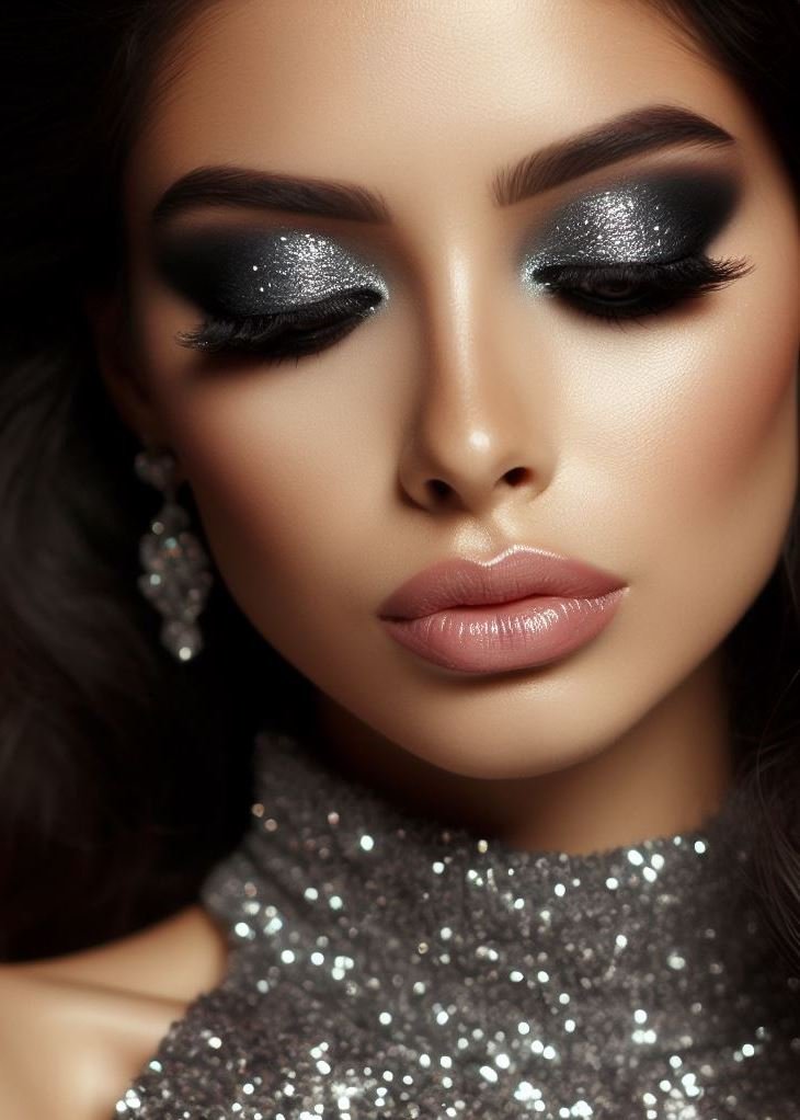 Beyond the basics! A charcoal grey smokey eye with silver glitter takes your makeup skills to the next level. This dramatic and eye-catching combination is perfect for a special occasion.