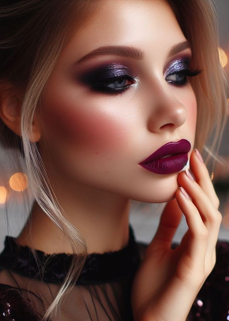 Winter nights, warm vibes! The deep tones of plum smokey eyes and berry lips create a warm and inviting look, perfect for cozy nights in or festive holiday gatherings.