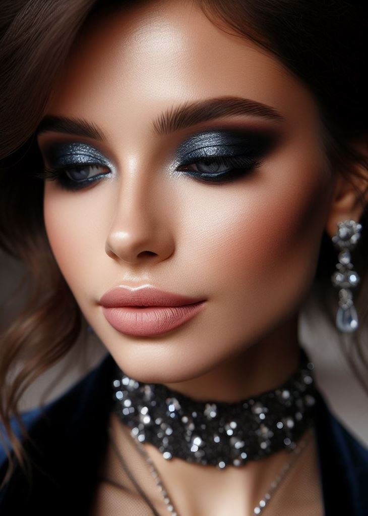 Channel your inner ice queen! A navy blue smokey eye paired with nude lips creates a cool and captivating look, perfect for those who want to exude confidence and elegance.