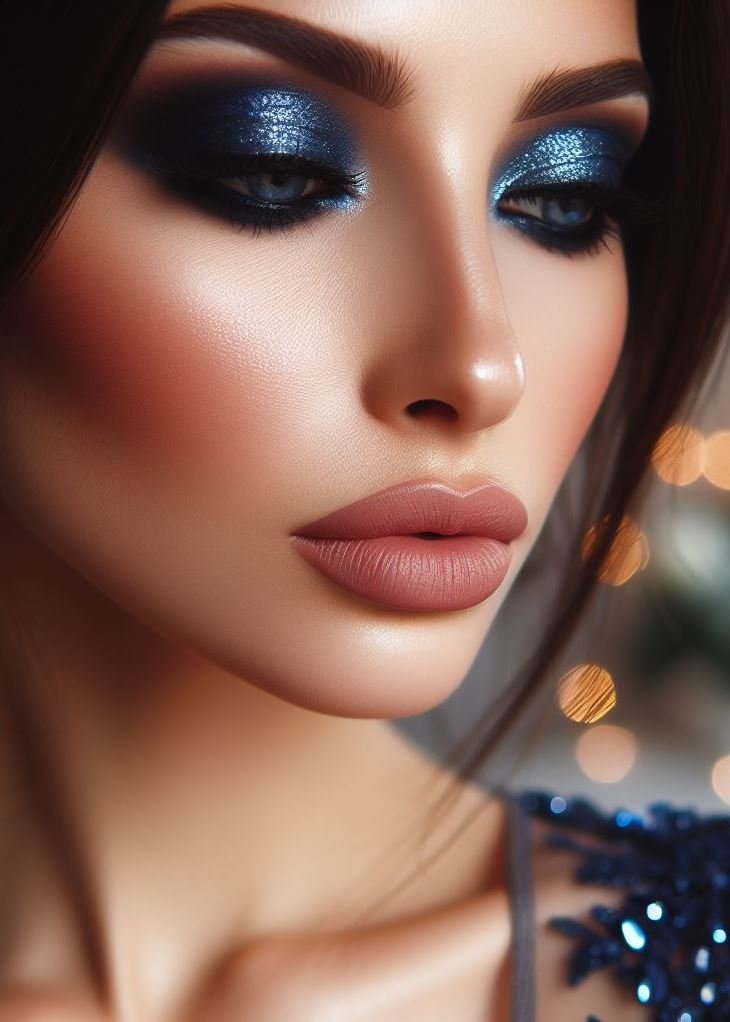 Date night drama (done right)! Navy blue smokey eyes with nude lips create a sultry and sophisticated look with a touch of edge, perfect for a romantic rendezvous.