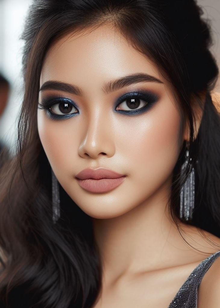 Go bold, go blue! Navy blue smokey eyes with nude lips offer a dramatic yet universally flattering makeup option. This unexpected color pairing complements a variety of skin tones and eye colors.