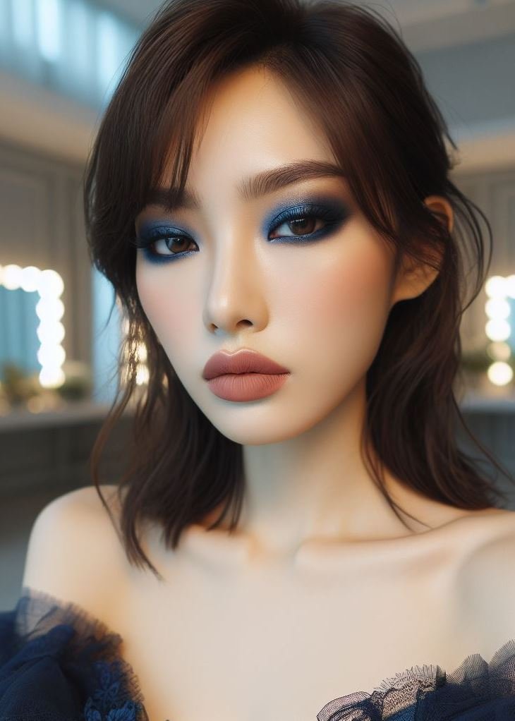 Let your eyes do the talking! Navy blue smokey eyes with nude lips allow your stunning blue peepers to take center stage. This captivating combination is perfect for highlighting your most beautiful feature.