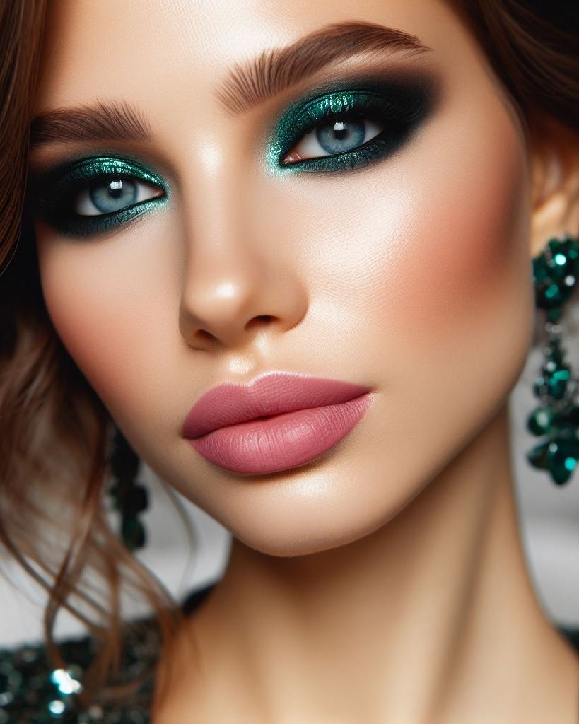 Unleash your inner enchantress! Emerald green smokey eyes paired with soft pink lips create a captivating and bold look that's perfect for a night out or a special occasion.