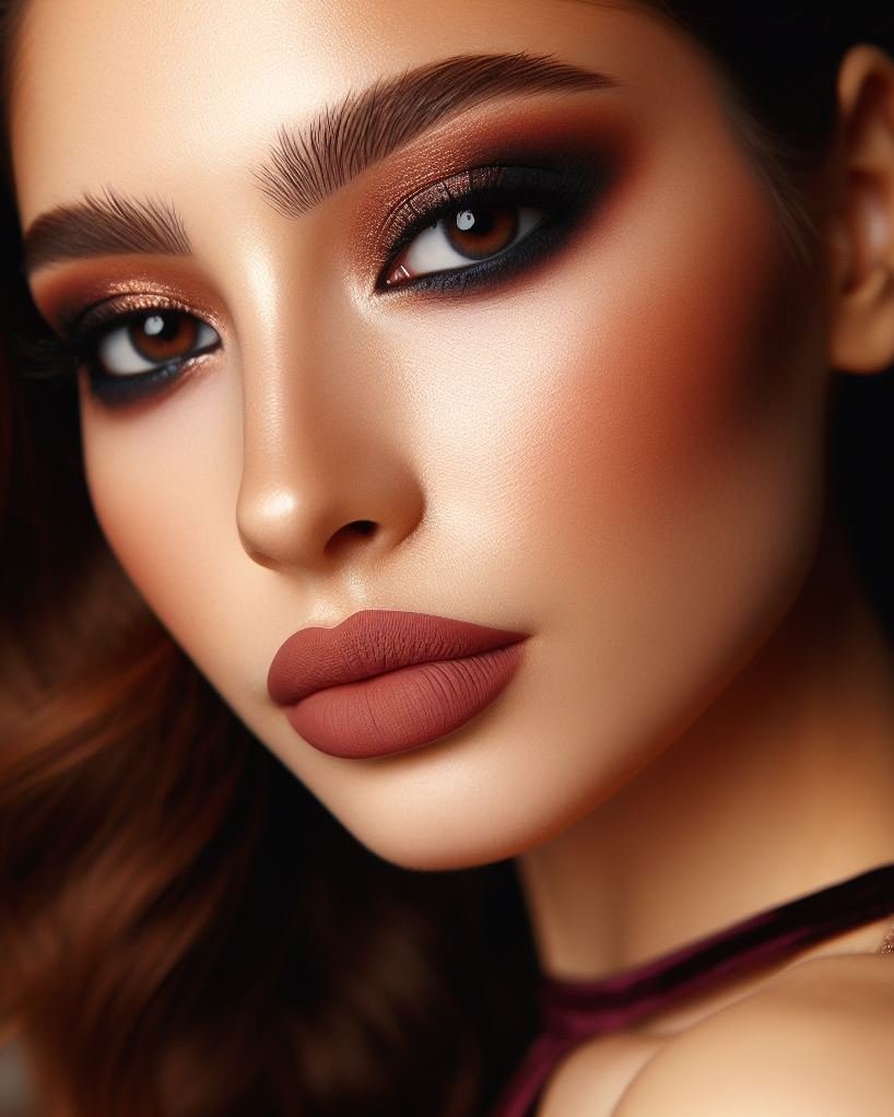 Smolder with warmth! A copper smokey eye paired with matte brown lips creates a sultry and sophisticated look with a touch of fire. Perfect for a night out or a date night in.