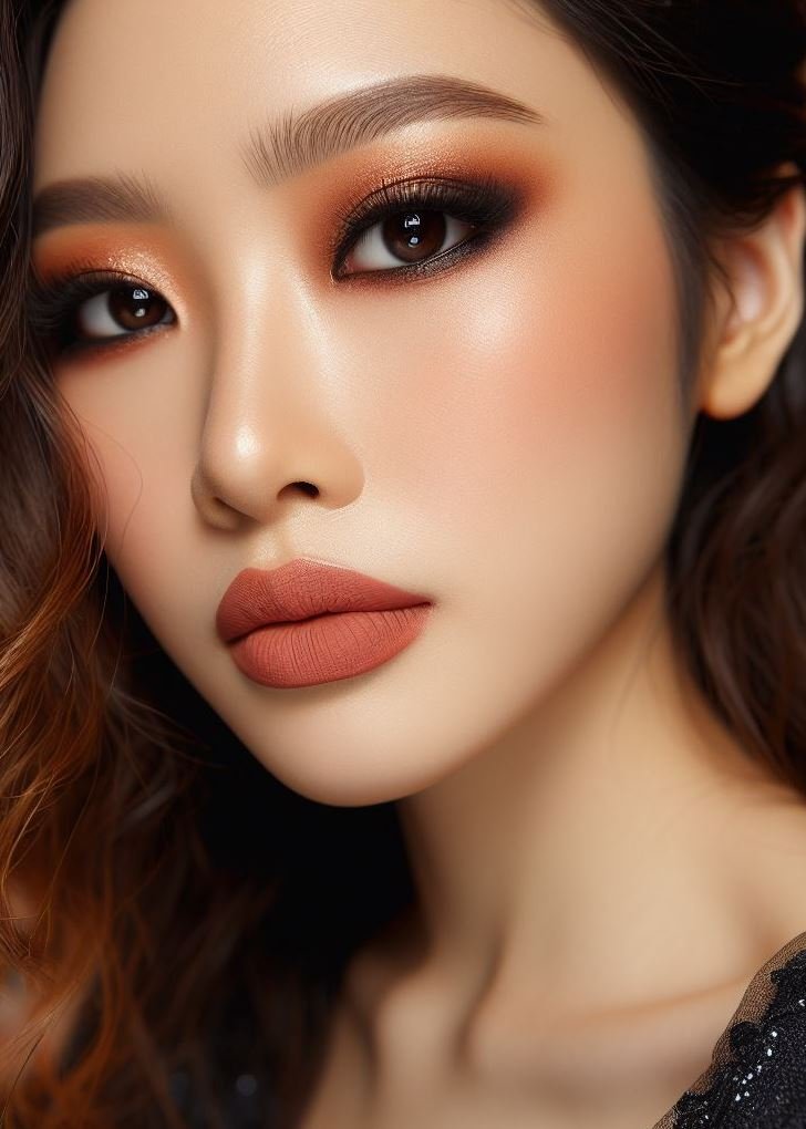 Embrace the autumn goddess within! Copper smokey eyes and matte brown lips create a warm and inviting look that complements the rich tones of fall.