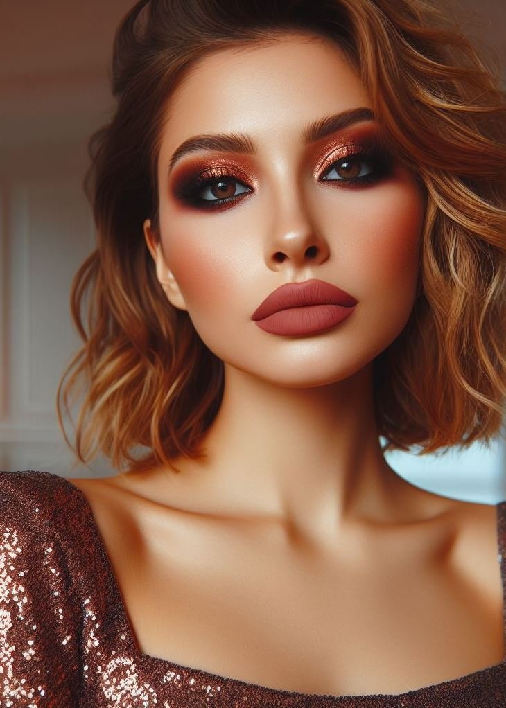 Fall for these hues! Copper smokey eyes and matte brown lips create a warm and inviting look, perfectly complementing the autumn season's rich colors.