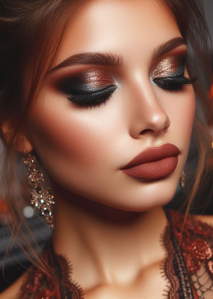 Beyond the basics! Elevate your makeup routine with a sultry copper smokey eye and a touch of matte brown on your lips. This sophisticated combination is perfect for a special occasion.