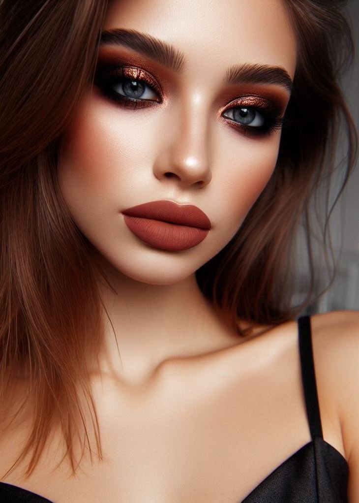 Rock the metallic trend! Copper smokey eyes with matte brown lips offer a modern and on-trend take on smokey eye makeup. This unique combination is perfect for the fashion-forward.