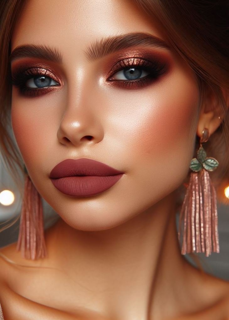 Warm up your smoky eye! Swap out the classic black for a fiery copper shade. Paired with matte brown lips, this look adds warmth and dimension to your eyes.