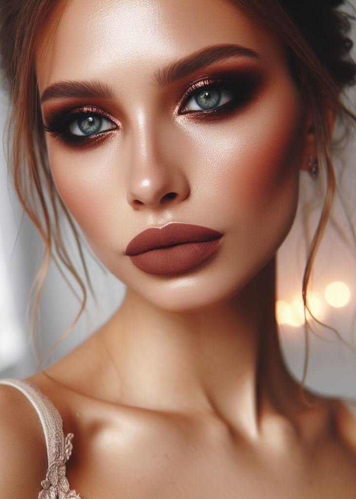 Day to night glam! Transition your makeup effortlessly with a copper smokey eye and matte brown lips. This sultry and sophisticated combination works for both daytime and evening wear.