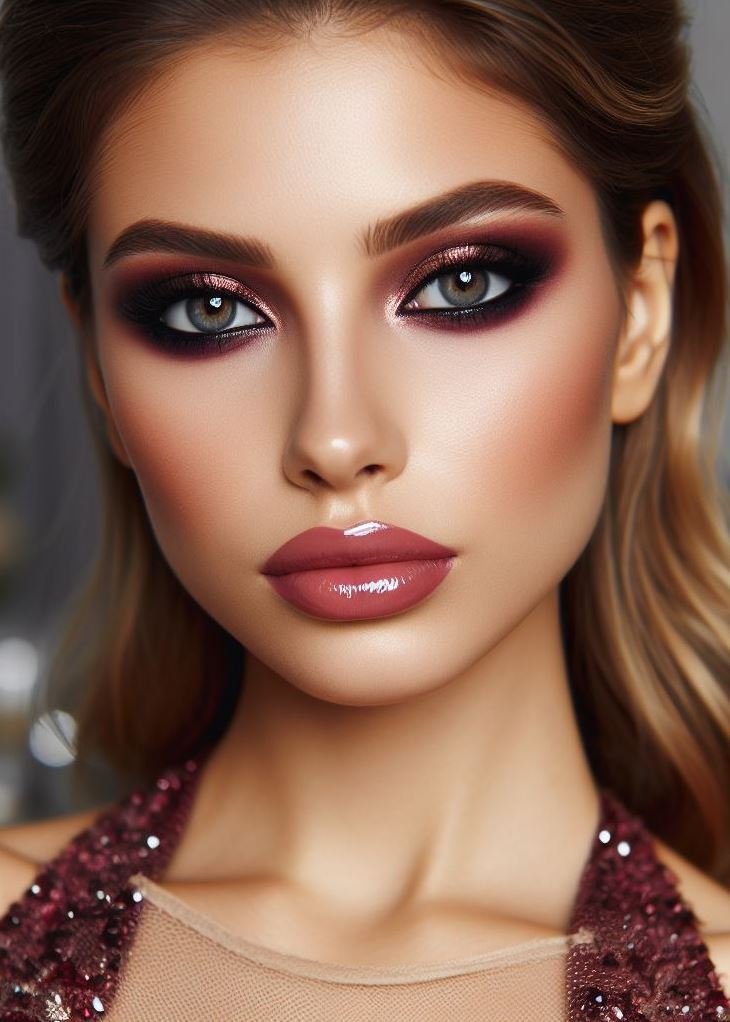 Turn up the drama! Burgundy smokey eyes paired with glossy lips create a luxurious and unforgettable look, perfect for a night out on the town or a special occasion.