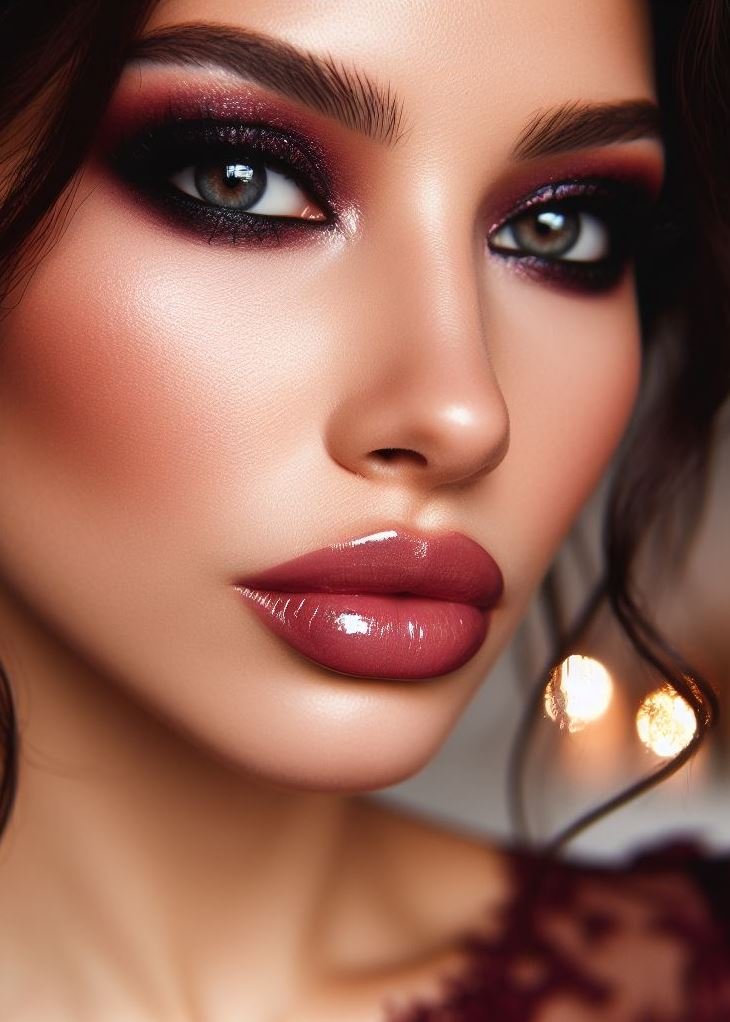 Channel your inner vamp! Deep, burgundy smokey eyes with glossy lips exude confidence and sophistication. This sultry combination is guaranteed to make a lasting impression.