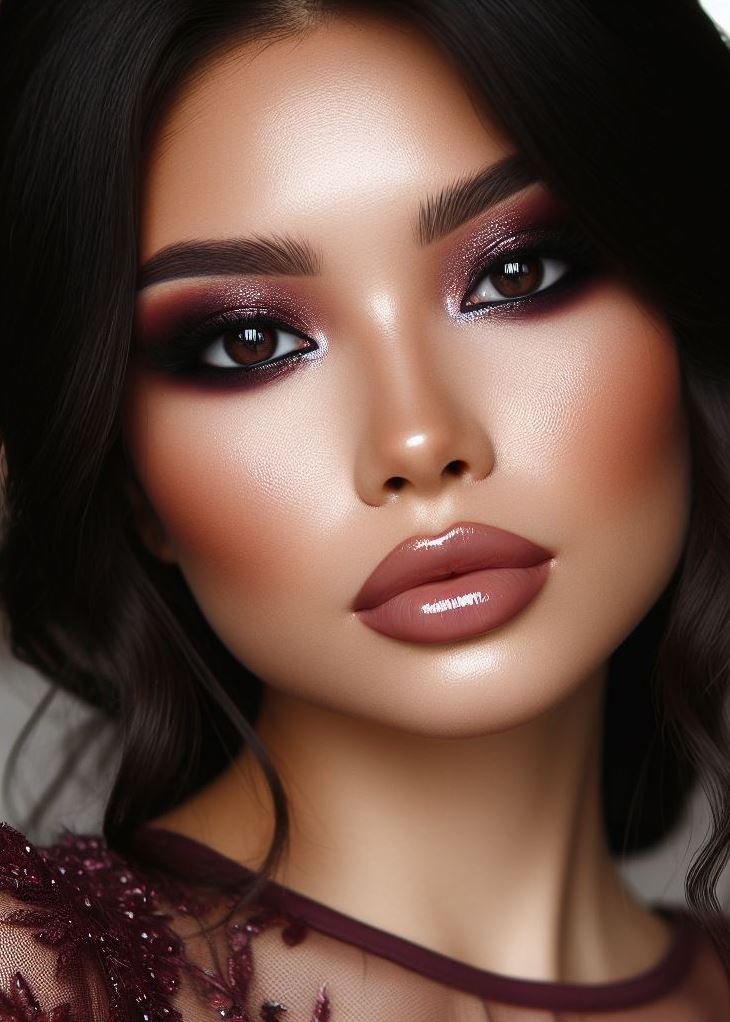 Date night with a touch of luxury! Burgundy smokey eyes and glossy lips create a dramatic and romantic look, perfect for sweeping your date off their feet.