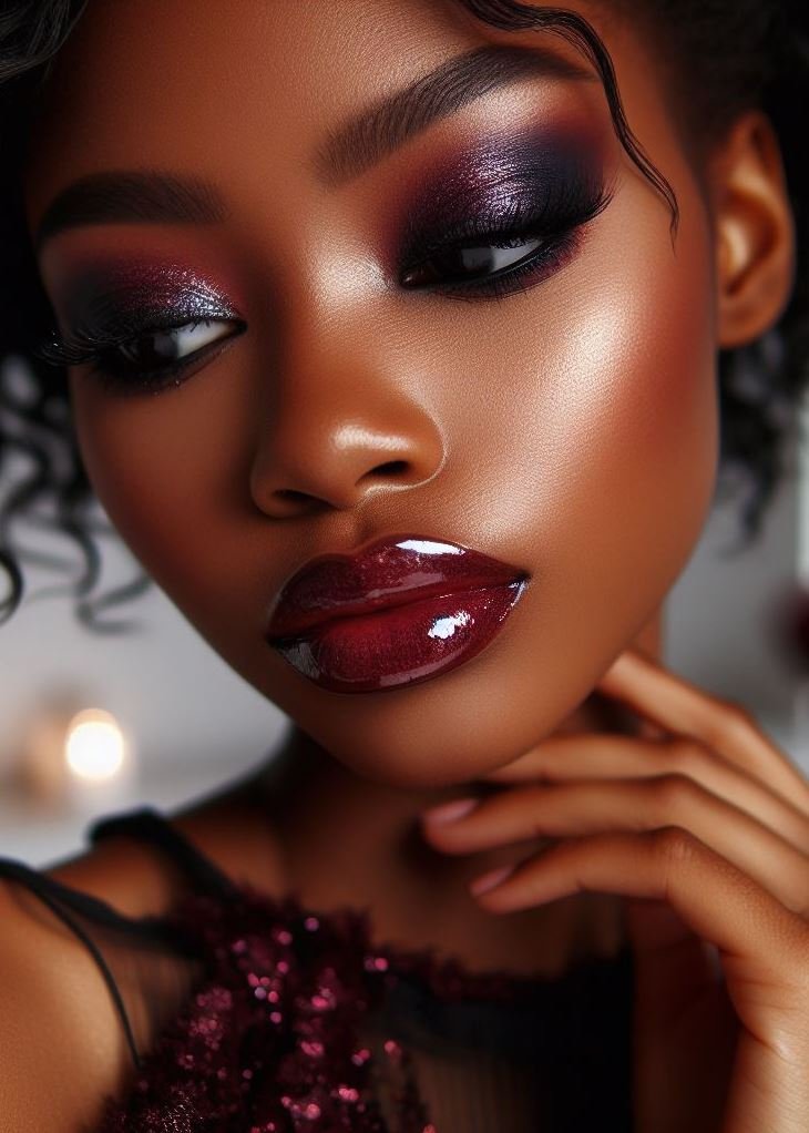 Beyond the basics! Take your smokey eye to the next level with a rich burgundy shade. Paired with glossy lips, this look adds depth and drama to your makeup routine.