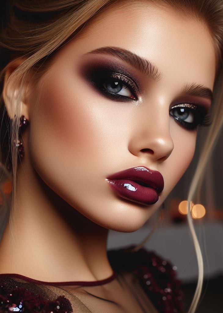 Winter nights, glam vibes! The deep, luxurious tones of burgundy smokey eyes with glossy lips create a warm and inviting look, perfect for festive holiday gatherings.