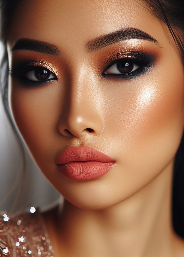 Work appropriate glam! Bronze smokey eyes with peachy lips add a subtle touch of drama to your daytime makeup without being overpowering, making it perfect for the office.