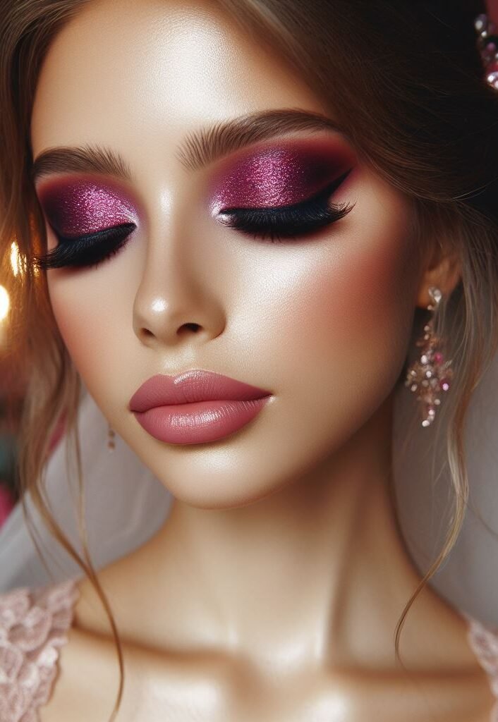 Modern romance with a pop of fuchsia! ✨ Infuse your bridal makeup with a touch of modern romance. Start with a flawless base and a soft, dewy complexion. Shimmery fuchsia eyeshadow adds a touch of drama to the eyes, while a nude lip color with a hint of gloss keeps the overall look soft and romantic with a touch of unexpected vibrancy.