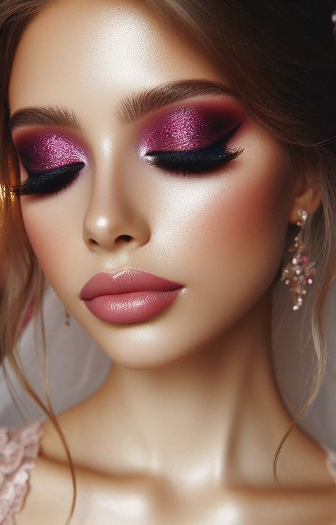 Modern romance with a pop of fuchsia! ✨ Infuse your bridal makeup with a touch of modern romance. Start with a flawless base and a soft, dewy complexion. Shimmery fuchsia eyeshadow adds a touch of drama to the eyes, while a nude lip color with a hint of gloss keeps the overall look soft and romantic with a touch of unexpected vibrancy.