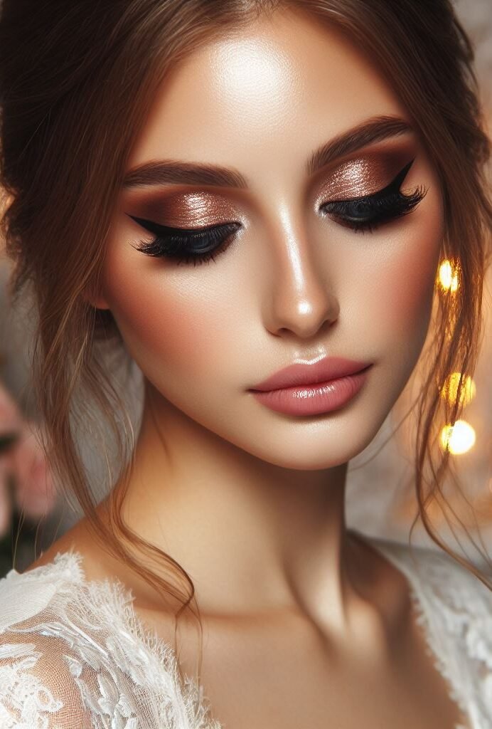 Earthy elegance with a touch of shimmer! ✨ This bridal makeup features a warm, dewy complexion and a touch of bronzer for a natural glow. Shimmery brown eyeshadow creates a captivating, soft definition on the lids, while a rosy pink lip color complements the shimmer for a touch of effortless elegance on your wedding day.