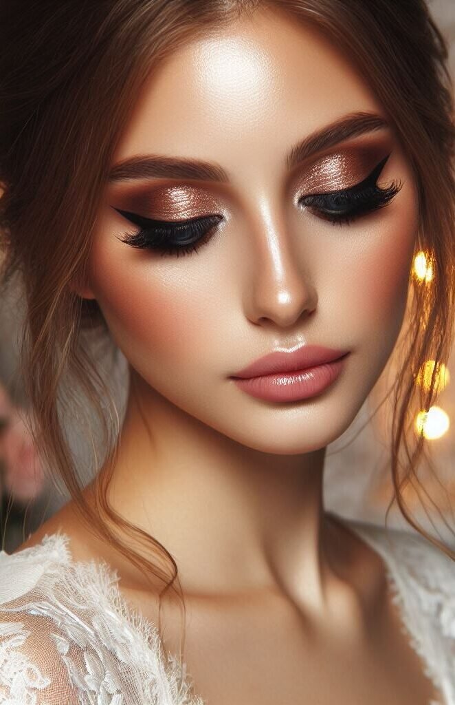 Earthy elegance with a touch of shimmer! ✨ This bridal makeup features a warm, dewy complexion and a touch of bronzer for a natural glow. Shimmery brown eyeshadow creates a captivating, soft definition on the lids, while a rosy pink lip color complements the shimmer for a touch of effortless elegance on your wedding day.