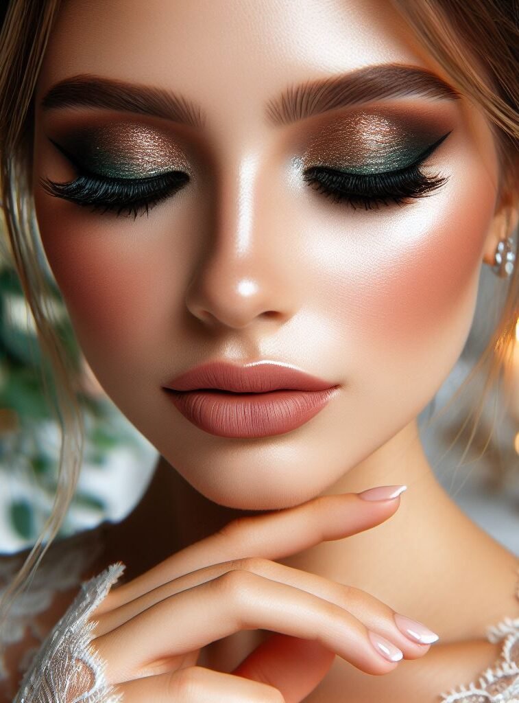 Embrace your green with earthy elegance! This bridal makeup flatters green eyes with a stunning combination of shimmering brown and emerald green eyeshadows. Blend the shades for a soft, romantic effect or create a defined smokey eye for a touch of drama. A touch of peach blush and a soft pink lip complete this look that enhances your natural beauty.