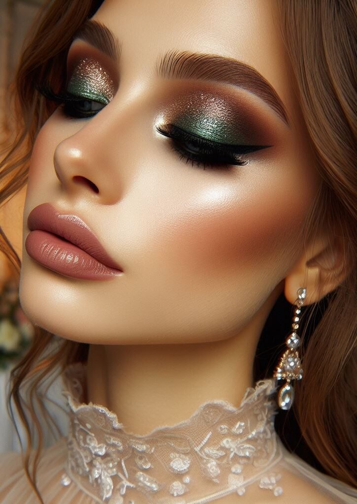 Golden goddess with a touch of green sparkle! ✨ Embrace a touch of warmth and radiance with this bridal makeup. A warm, dewy complexion with a hint of bronzer lays the foundation. Shimmery brown eyeshadow creates a captivating base on the lids, while a touch of green shimmer on the center adds a touch of light and dimension. Finish with a soft pink or peach lip color for a touch of effortless elegance with a playful pop of green.