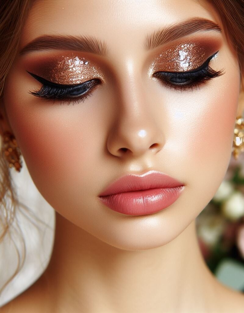 Modern drama with a touch of metallic magic! ✨ Elevate your bridal makeup with a touch of modern drama. A flawless base with light to medium coverage ensures a polished look. Shimmery bronze eyeshadow adds a touch of definition and warmth to the eyes, while a bold, deep berry lip color creates a timeless statement for your special day.