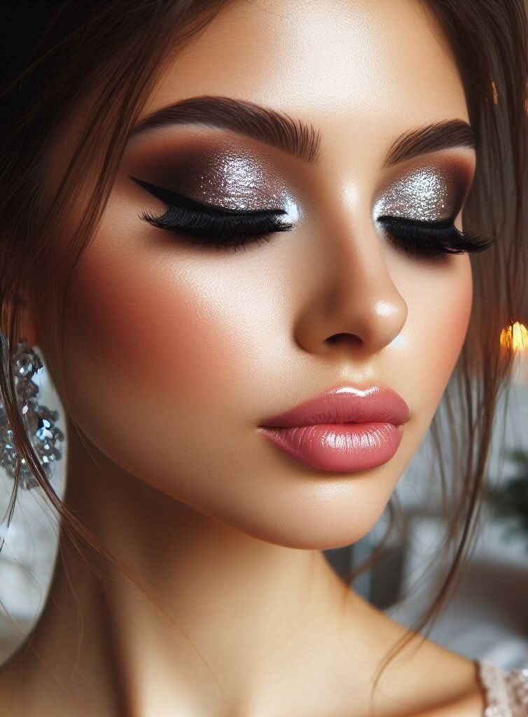 Icy Elegance with a Touch of Warmth! ✨ This bridal makeup features a flawless base and a touch of rosy blush for a hint of natural color. Shimmery silver eyeshadow with a subtle brown undertone adds a touch of cool, sophisticated glam, while a soft pink lip color complements the shimmer beautifully. Perfect for the bride who wants a timeless and elegant look with a touch of warmth.