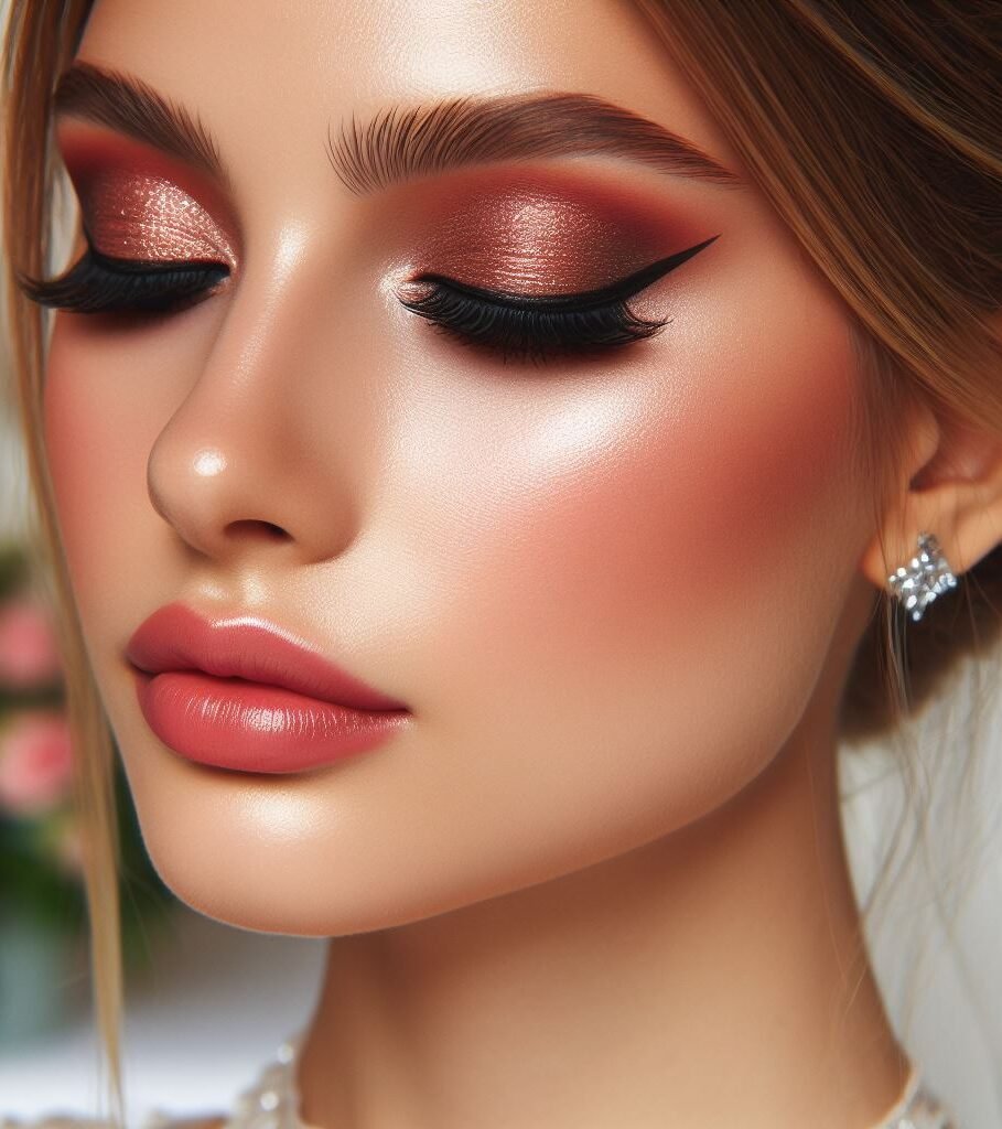 Sun-kissed Bride with a Shimmery Peach Halo! ✨ This bridal makeup features a warm, dewy complexion and a hint of bronzer for a natural glow. Shimmery peach eyeshadow is blended softly across the lids and diffused upwards to create a delicate "halo" effect. A touch of peach blush and a soft pink lip color complete this look, perfect for the bride who wants a touch of effortless elegance with a radiant, summery feel.