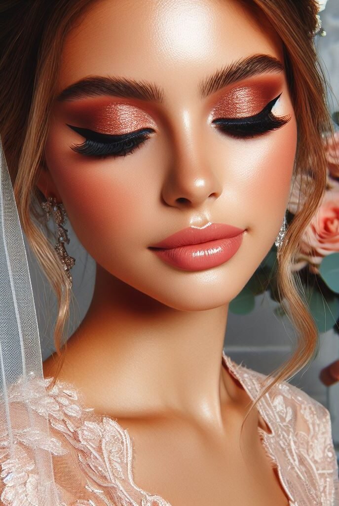 Modern Romance with a Peachy Twist! ✨ Infuse your bridal makeup with a touch of playful romance. Start with a flawless base and a soft, dewy complexion. Shimmery peach eyeshadow adds a touch of warmth and vibrancy to the eyes, while a touch of brown eyeliner defines the lash line. Finish with a nude lip color with a hint of gloss for a look that's both elegant and playfully unique.