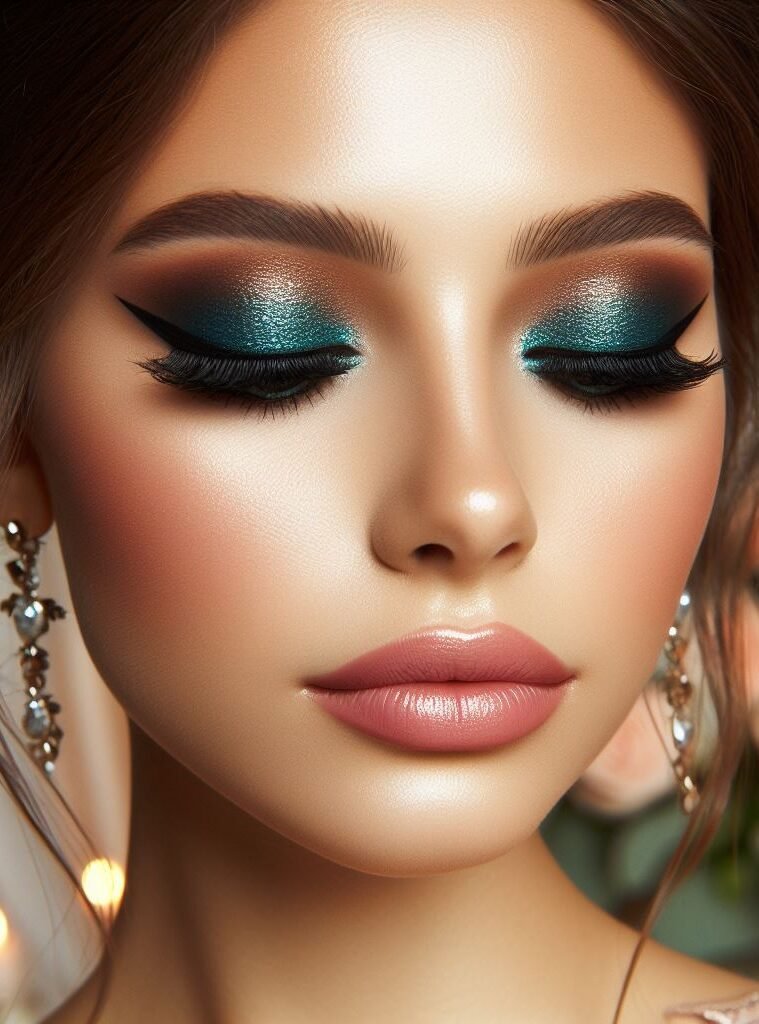 Ocean Breeze Beauty: This bridal makeup combines a flawless base with a touch of rosy blush for a natural glow. Shimmery brown eyeshadow creates a soft, smoky base, while a touch of teal eyeliner or eyeshadow adds a captivating pop of ocean-inspired color. Finish with a soft pink lip color for a touch of effortless elegance with a hint of cool, refreshing vibes.