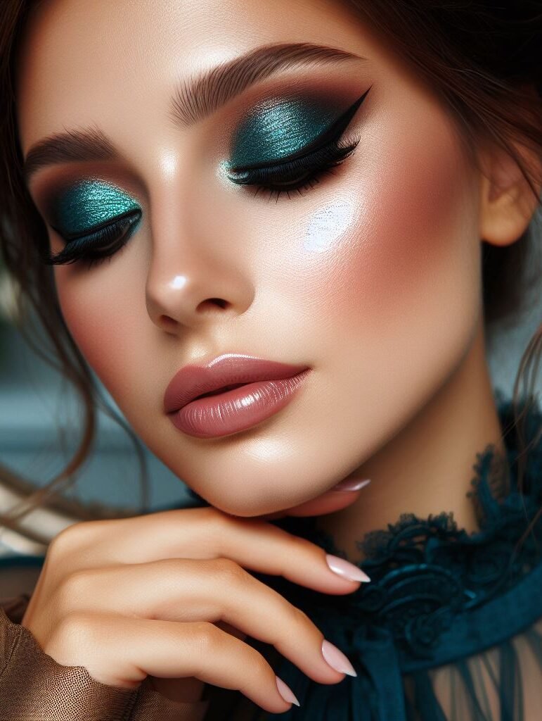 Ethereal Glow with a Hint of Teal: This bridal makeup is perfect for the bride who wants a touch of otherworldly beauty. A flawless, dewy complexion with a touch of peach blush creates a soft and natural base. Shimmery brown eyeshadow with a soft golden undertone is used on the lids, with a touch of teal eyeshadow strategically placed in the inner corner or blended towards the outer corner for a mesmerizing effect. Finish with a soft pink lip gloss for a touch of ethereal elegance with a subtle, shimmering hint of teal magic.