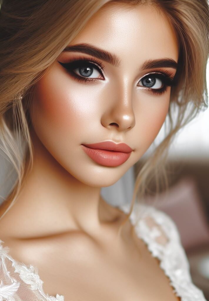 Kiss-proof perfection for your big day! This bridal makeup combines a flawless base with soft, blended eyeshadows in neutral or cool tones. Nude lips in a matte or satin finish ensure a look that's both long-lasting and effortlessly beautiful.