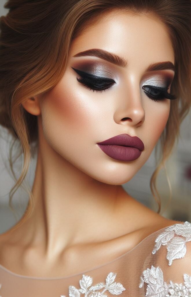 Modern fairytales with a bold twist! Create a captivating bridal look with a dramatic smokey eye in a rich plum or burgundy shade and a touch of shimmering gold or silver on the lid. Finish with a bold, deep pink lip color for a touch of modern romance that complements your inner fairytale princess.