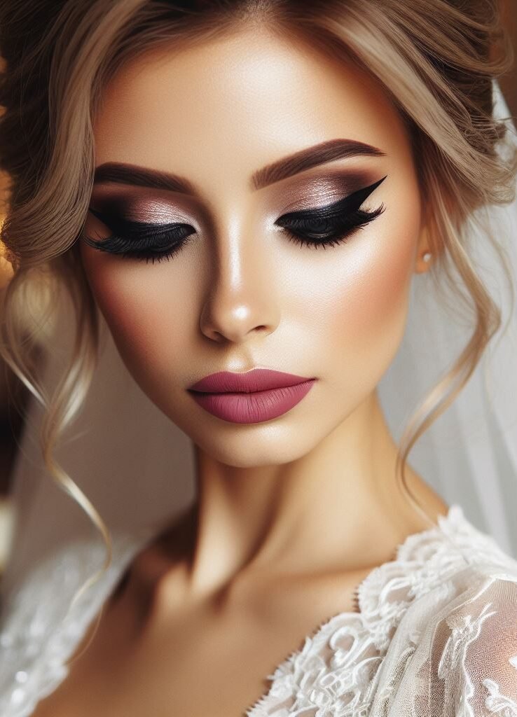 Galaxy goddess on your wedding day! ✨ Embrace celestial magic with a dramatic smokey eye featuring a blend of shimmery purples, blues, and silver. A bold, metallic lip in a shade like copper or rose gold adds a touch of futuristic glamour, perfect for the bride who wants a truly unique and unforgettable look.