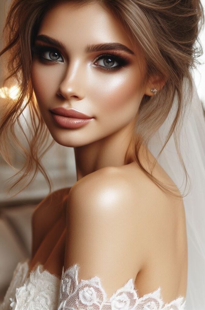 Less is more, timeless elegance! This minimalist bridal makeup features a flawless foundation with light, natural-looking coverage. A hint of brown or taupe eyeshadow adds subtle definition, while a touch of highlighter enhances your features. Nude lips in a satin or matte finish complete the look, ensuring a timeless and elegant bridal style.