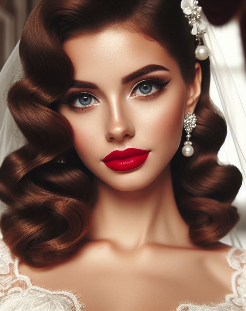 Vintage vixen with a modern twist! ✨ Channel Hollywood glamour with bold red lips and cascading retro curls. This bridal makeup features a flawless base and classic winged eyeliner for a touch of drama. The red lip adds a timeless pop of color, perfectly complementing the vintage vibes of your hairstyle.