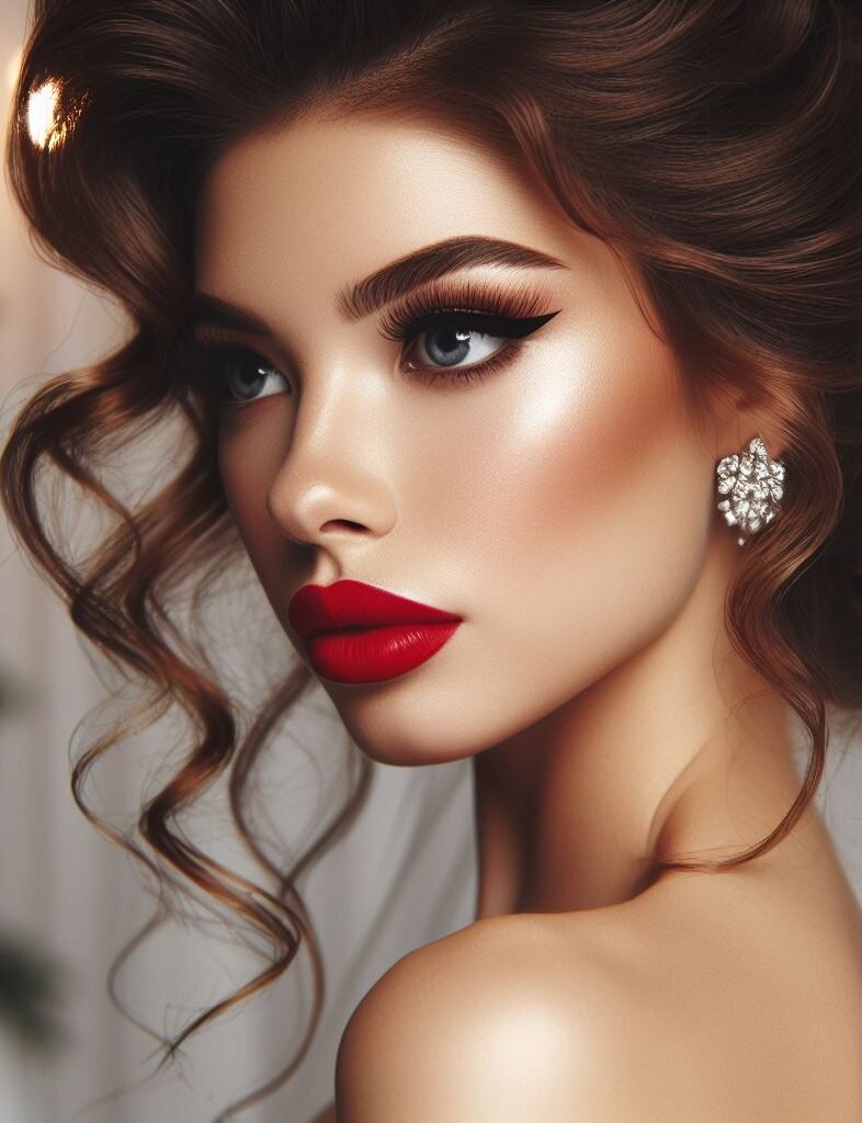 Modern pin-up meets blushing bride! ✨ Embrace playful romance with a combination of bold red lips, rosy cheeks, and voluminous retro curls. This bridal makeup features a soft, dewy complexion with a touch of shimmer on the lids. The red lips add a touch of playful confidence, while the rosy blush complements the vintage charm of your hairstyle.