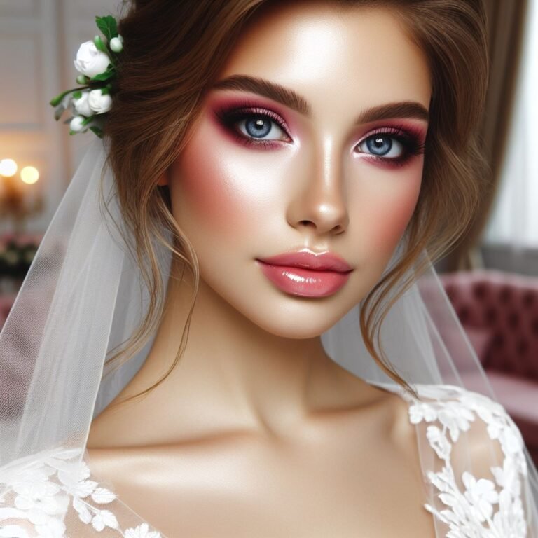 A touch of Vintage Bridal Makeup Look Charm with Pink Lips! ✨ Embrace timeless elegance with a flawless base and a touch of rosy blush that harmonizes with your pink lip color. Delicate, rosy-pink eyeshadows and a touch of subtle eyeliner create a soft and romantic look, reminiscent of vintage Hollywood glamour.