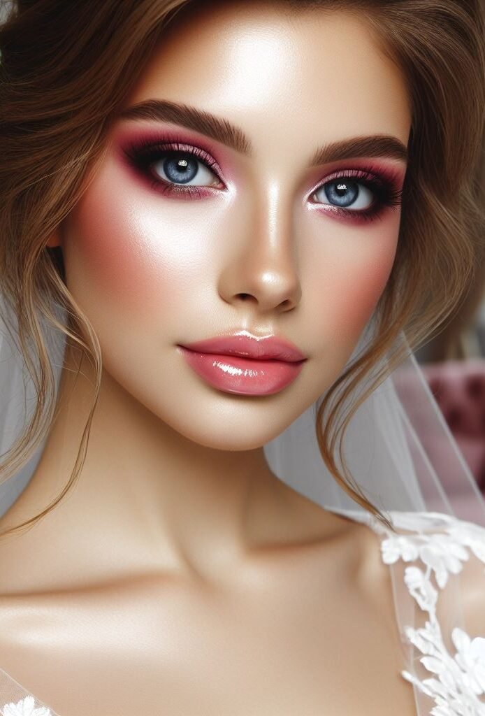 A touch of Vintage Bridal Makeup Look Charm with Pink Lips! ✨ Embrace timeless elegance with a flawless base and a touch of rosy blush that harmonizes with your pink lip color. Delicate, rosy-pink eyeshadows and a touch of subtle eyeliner create a soft and romantic look, reminiscent of vintage Hollywood glamour.