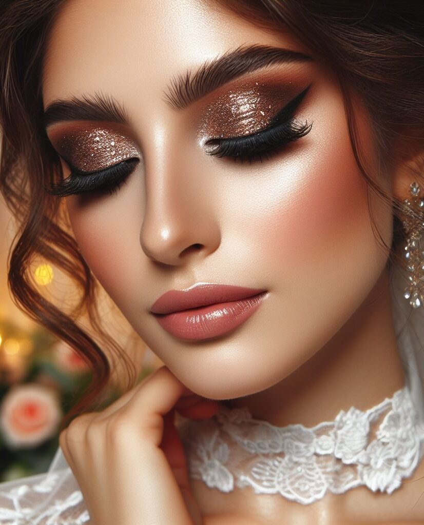 Sun-kissed goddess with a touch of sparkle! This bridal makeup combines a warm, dewy complexion with a touch of bronzer for a sun-kissed glow. Glittery bronze eyeshadow creates a captivating look on the lids, while a soft pink lip color balances the shimmer for a touch of effortless elegance on your wedding day.