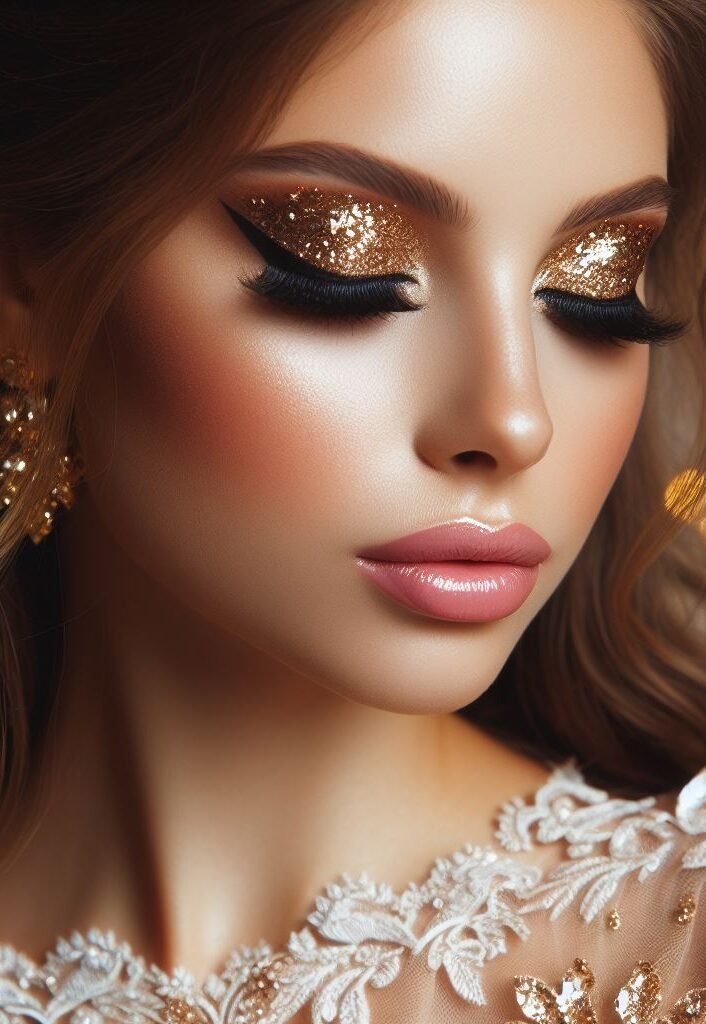 Golden goddess bride with a touch of ethereal glow! ✨ Embrace celestial radiance with a flawless, dewy complexion and a hint of rosy blush. Glittering gold eyeshadow creates a captivating, light-catching effect on the lids, while a soft pink lip color complements the shimmer for a touch of ethereal beauty on your wedding day.