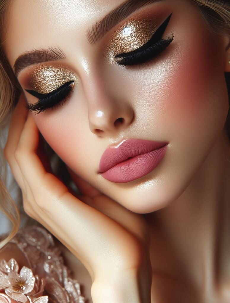 Modern glam with a gilded touch! ✨ Elevate your bridal makeup with a touch of modern glamour. A flawless base with light to medium coverage ensures a polished look. Glittering gold eyeshadow adds a touch of drama to the eyes, while a nude lip color in a satin finish keeps the overall look sophisticated and elegant.