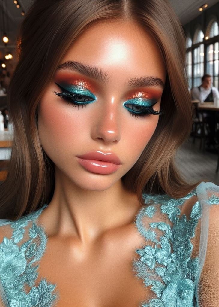 Aquamarine liner paired with warm terracotta shades – because life’s too short for boring eyeshadow! 🌟🎨