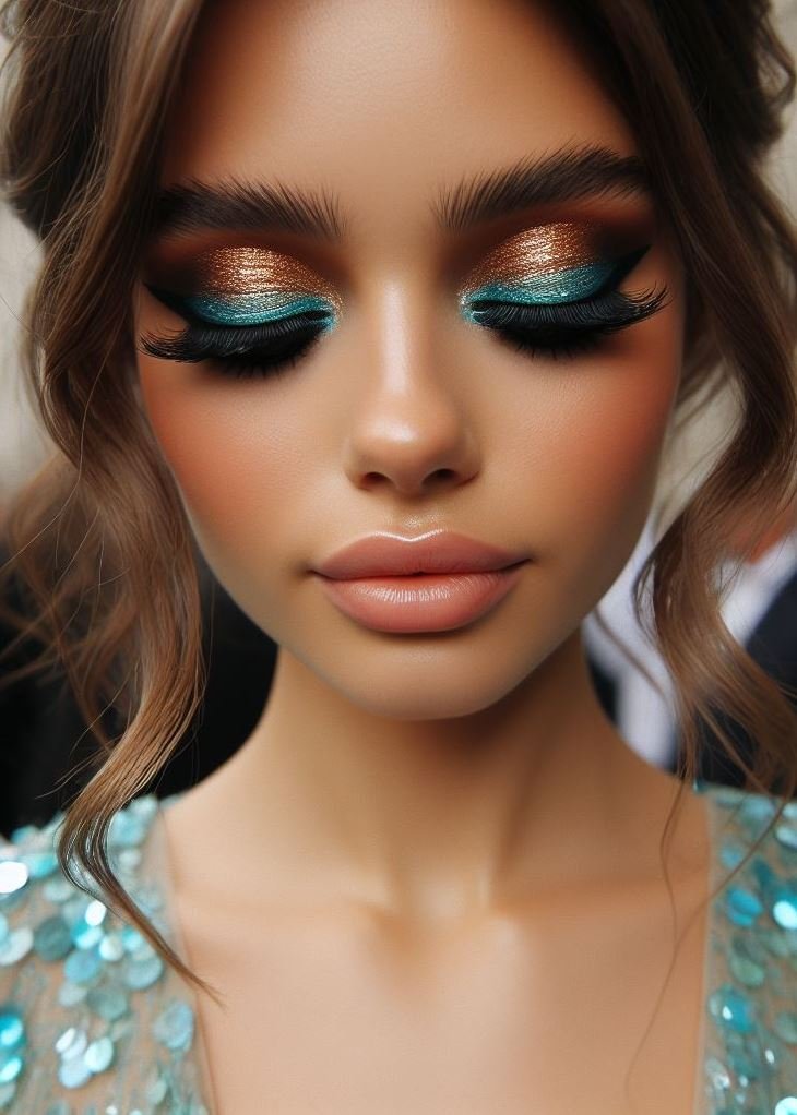 Aquamarine smudged along the lower lash line, paired with a sultry brown smoky eye. It’s all about balance! 🔥🌊