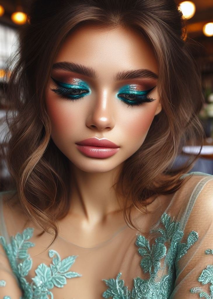 When aquamarine meets mocha, it’s a match made in eyeshadow heaven. Dive into this sea-inspired look and make waves! 🌊🍫