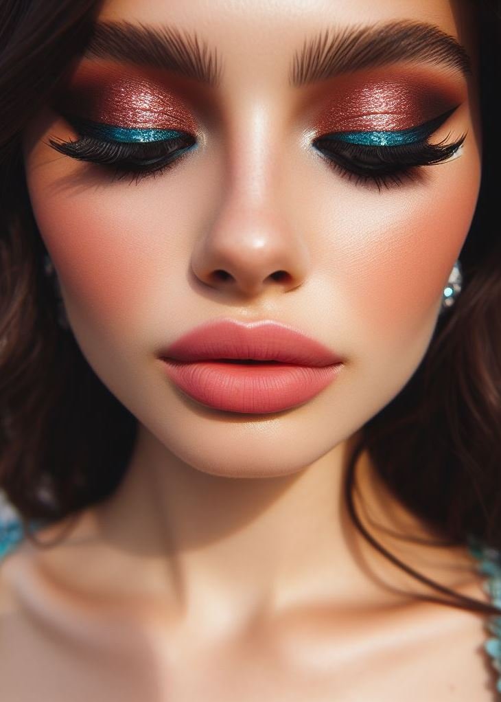 Aquamarine liner paired with warm terracotta shades – because life’s too short for boring eyeshadow! 🌟🎨