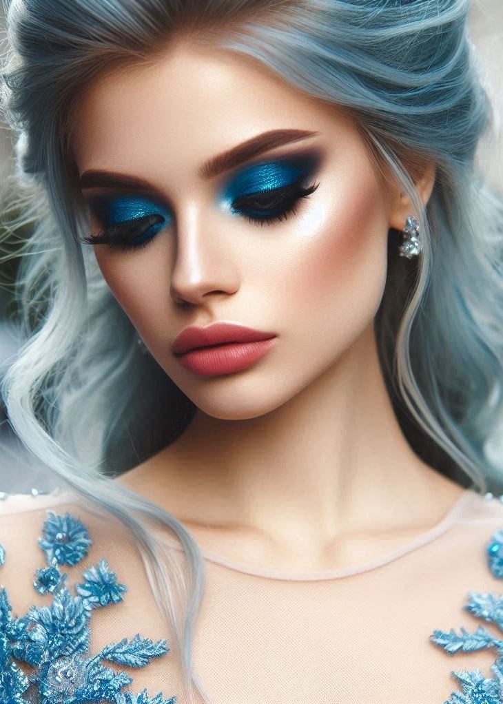 A Touch of Drama: Blue as a Bold Graphic Statement: Blue eyeshadow can be dramatic! Experiment with graphic eyeliner or bold, geometric shapes to create a statement look that turns heads.