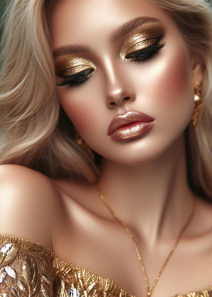 Grunge Meets Glamour: Golden Eyeshadow with an Edgy Twist: Channel your inner rockstar with a unique twist. Use a dark brown or charcoal smoky eye base and blend it with a shimmery gold eyeshadow on the lid. Finish with a smudged eyeliner for a touch of effortless cool with a touch of gold glam.